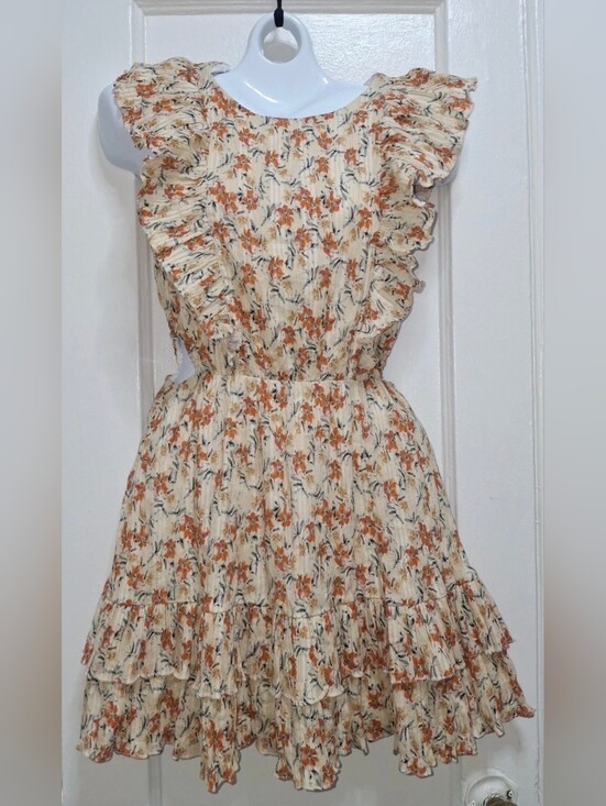 MINKPINK Dresses & Skirts - MINKPINK Floral Ruffle Mini Dress Side Cutout Cream Orange Size S NWT
